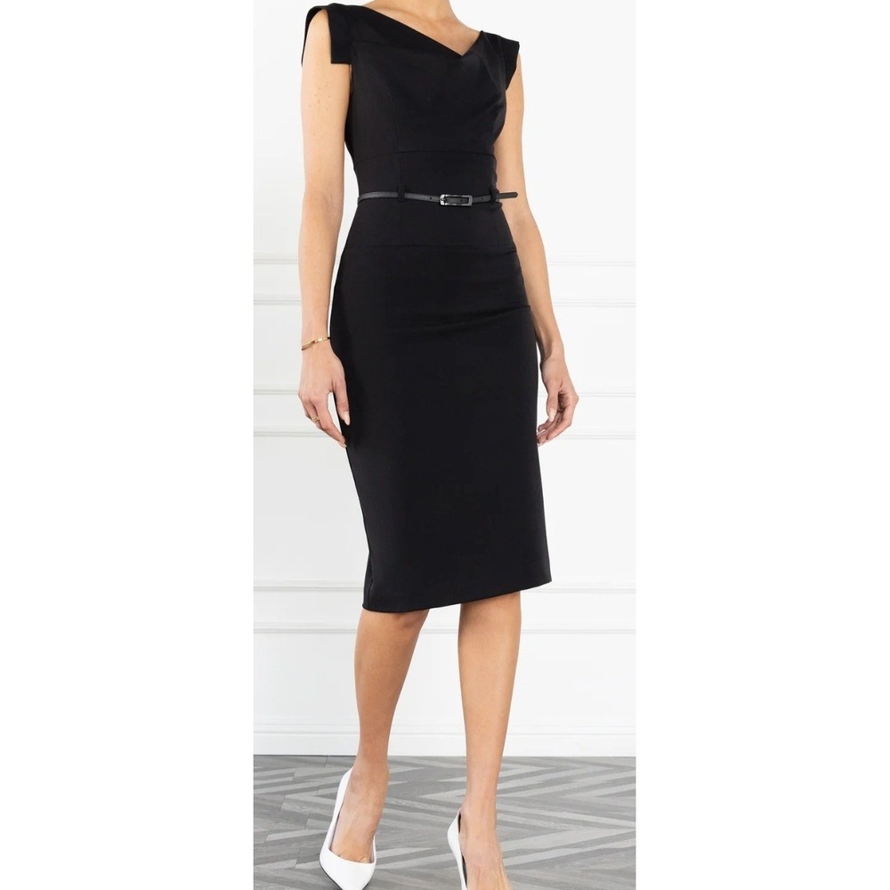Black Halo Classic Jackie O Sheath Dress Black Size 10 Belted Knee Length